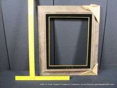 STAINED RUSTIC, W/ BLACK PAINTED VELVET & GOLD INLAY, CARVED WOODEN FRAME 25 X 29
