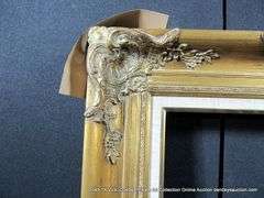 GOLD PAINTED, W/ LINEN INLAY CARVED WOODEN FRAME 28 X 34