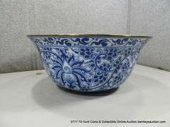 LARGE LOTUS LEAF METAL BANDED RIM & FOOT CERAMIC VASE (14 3/4" X 6 1/2")