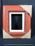 RED-STAINED, W/ LINEN INLAY, CARVED WOODEN FRAME 11 X 13