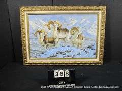 FRAMED PAINTING BY CYNTHIE FISHER - WILDLIFE - BIGHORN SHEEP IN SNOW, 29" X 40" OVERALL