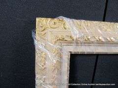 WHITE-WASH & GOLD PAINTED, W/ LINEN INLAY, CARVED ORNATE WOODEN FRAME 27 X 31