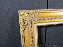 GOLD PAINTED, W/ LINEN INLAY, CARVED ORNATE WOODEN FRAME 23 X 27