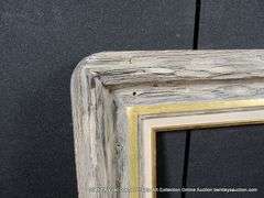 WHITE-WASHED & GOLD PAINTED, W/ LINEN INLAY, CARVED WOODEN FRAME 25 X 29