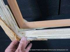 WHITE & GOLD-WASHED, W/ UNPAINTED WOOD, CARVED WOODEN FRAME 35 X 42