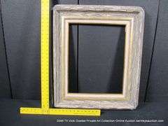 WHITE-WASHED & GOLD PAINTED, W/ LINEN INLAY, CARVED WOODEN FRAME 25 X 29