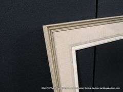 BEIGE-WASHED & GREEN STRIP, W/ LINEN INLAY, CARVED WOODEN FRAME 23 X 27