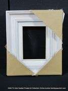 BEIGE & WHITE PAINTED, W/ LINEN INLAY, CARVED WOODEN FRAME 11 X 13