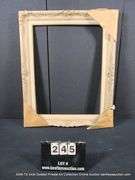 WHITE-WASH & GOLD PAINTED ACCENTS, W/ LINEN INLAY, CARVED ORNATE WOODEN FRAME 28 X 35