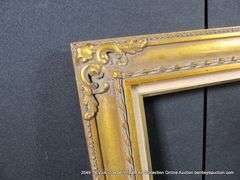 GOLD PAINTED, W/ LINEN INLAY, CARVED ORNATE WOODEN FRAME 25 X 31