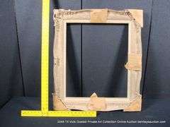 WHITE-WASHED, W/ LINEN INLAY, CARVED ORNATE WOODEN FRAME 27 X 31