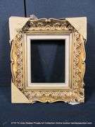 GOLD PAINTED, W/ HEATHERED LINEN INLAY, CARVED WOODEN FRAME 15 X 17