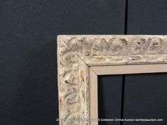 GRAY-WASHED W/ GOLD ACCENTS, W/ LINEN INLAY, CARVED ORNATE WOODEN FRAME 25 X 31
