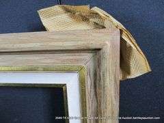 BROWN PAINTED DRIFTWOOD & GOLD PAINTED, W/ LINEN INLAY, CARVED WOODEN FRAME 35 X 47