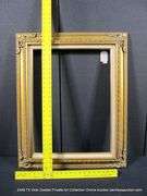 GOLD PAINTED, W/ LINEN INLAY, CARVED ORNATE WOODEN FRAME 25 X 31