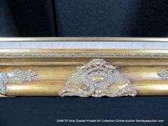 GOLD PAINTED, W/ LINEN INLAY CARVED WOODEN FRAME 28 X 34