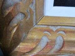 GOLD PAINTED, W/ LINEN INLAY, CARVED WOODEN FRAME 15 X 17