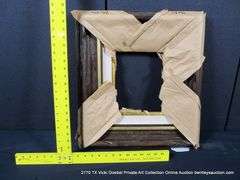 DARK-STAINED & GOLD PAINTED, W/ LINEN INLAY, DRIFTWOOD STYLE CARVED WOODEN FRAME 19 X 21