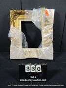 GOLD PAINTED, W/ LINEN INLAY, CARVED ORNATE WOODEN FRAME 21 X 24