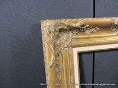 GOLD PAINTED, W/ HEATHERED LINEN INLAY, CARVED ORNATE WOODEN FRAME 26 X 30