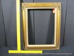 GOLD PAINTED, W/ LINEN INLAY, CARVED ORNATE WOODEN FRAME 25 X 31