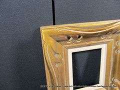 GOLD PAINTED, W/ LINEN INLAY, CARVED WOODEN FRAME 15 X 17