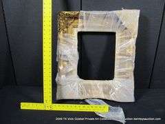 GOLD PAINTED, W/ LINEN INLAY, CARVED ORNATE WOODEN FRAME - (WRAPPED IN PLASTIC) 21 X 24