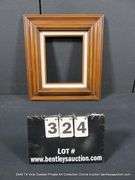 STAINED WALNUT, W/ LINEN INLAY, CARVED WOODEN FRAME 16 X 18