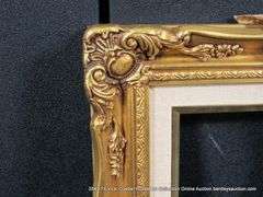 GOLD PAINTED, W/ LINEN INLAY, CARVED ORNATE WOODEN FRAME 10 X 12