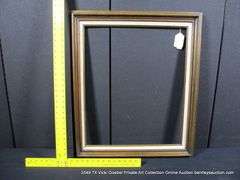STAINED WALNUT, W/ LINEN INLAY, CARVED WOODEN FRAME 25 X 29