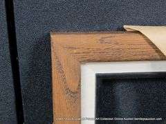 WALNUT STAINED, W/ LINEN & BLACK PAINTED INLAY, WOODEN FRAME 8 X 9