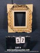 GOLD PAINTED, W/ HEATHERED LINEN INLAY, CARVED WOODEN FRAME 15 X 17