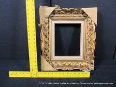 GOLD PAINTED, W/ HEATHERED LINEN INLAY, CARVED WOODEN FRAME 15 X 17