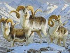 FRAMED PAINTING BY CYNTHIE FISHER - WILDLIFE - BIGHORN SHEEP IN SNOW, 29" X 40" OVERALL