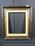 DARK BROWN & GOLD PAINTED, W/ LINEN INLAY, RUSTIC WOODEN FRAME 27 X 31