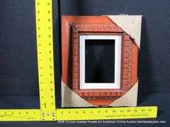 RED-STAINED, W/ LINEN INLAY, CARVED WOODEN FRAME 11 X 13