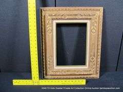 GOLD PAINTED, W/ LINEN INLAY, FLORAL CARVED ORNATE WOODEN FRAME 19 X 23