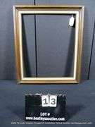 STAINED WALNUT, W/ LINEN INLAY, CARVED WOODEN FRAME 25 X 29