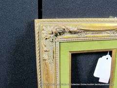 GOLD PAINTED, W/ OLIVE GREEN VELVET INLAY, CARVED ORNATE WOODEN FRAME 10 X 11
