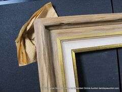 BROWN PAINTED DRIFTWOOD & GOLD PAINTED, W/ LINEN INLAY, CARVED WOODEN FRAME 34 X 41