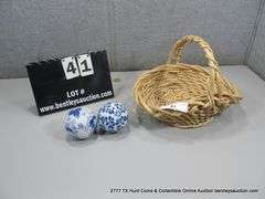 1-BASKET, 2 BLUE & WHITE BALLS (3 1/4"), 3 X MONEY