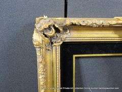 GOLD PAINTED, W/ BLACK VELVET INLAY, CARVED WOODEN FRAME 16 X 18