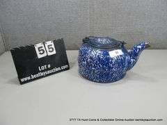 OLD ENAMEL TEAPOT, METAL/ENAMEL (9" X 6 1/4")