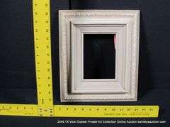 WHITE PAINTED, W/ LINEN INLAY, CARVED WOODEN FRAME 11 X 13