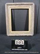 WHITE-WASHED & GOLD PAINTED, W/ LINEN INLAY, CARVED WOODEN FRAME 25 X 29