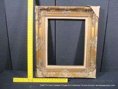 GOLD PAINTED, W/ HEATHERED LINEN INLAY, CARVED ORNATE WOODEN FRAME 26 X 30
