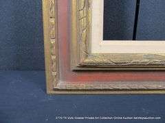 GOLD & RED PAINTED, W/ LINEN INLAY, CARVED WOODEN FRAME 26 X 32