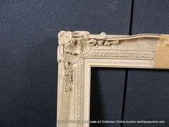 WHITE-WASHED, W/ LINEN INLAY, CARVED ORNATE WOODEN FRAME 27 X 31