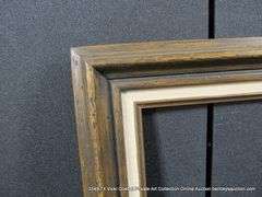 DARK-STAINED WALNUT, W/ LINEN INLAY, CARVED WOODEN FRAME 21 X 25