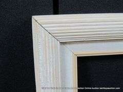 BEIGE & WHITE PAINTED, W/ LINEN INLAY, CARVED WOODEN FRAME 12 X 14